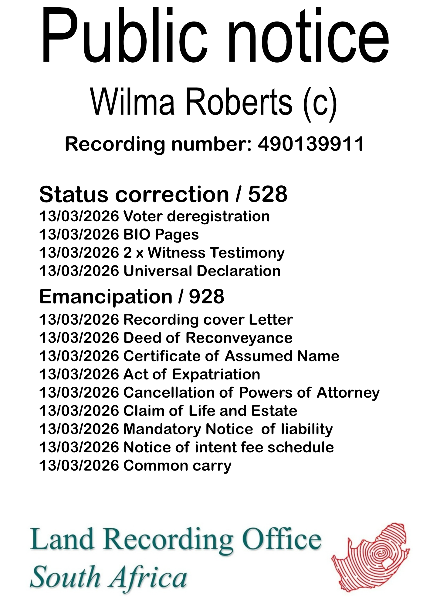Public notice Wilma Roberts (c) Recording number 490139911